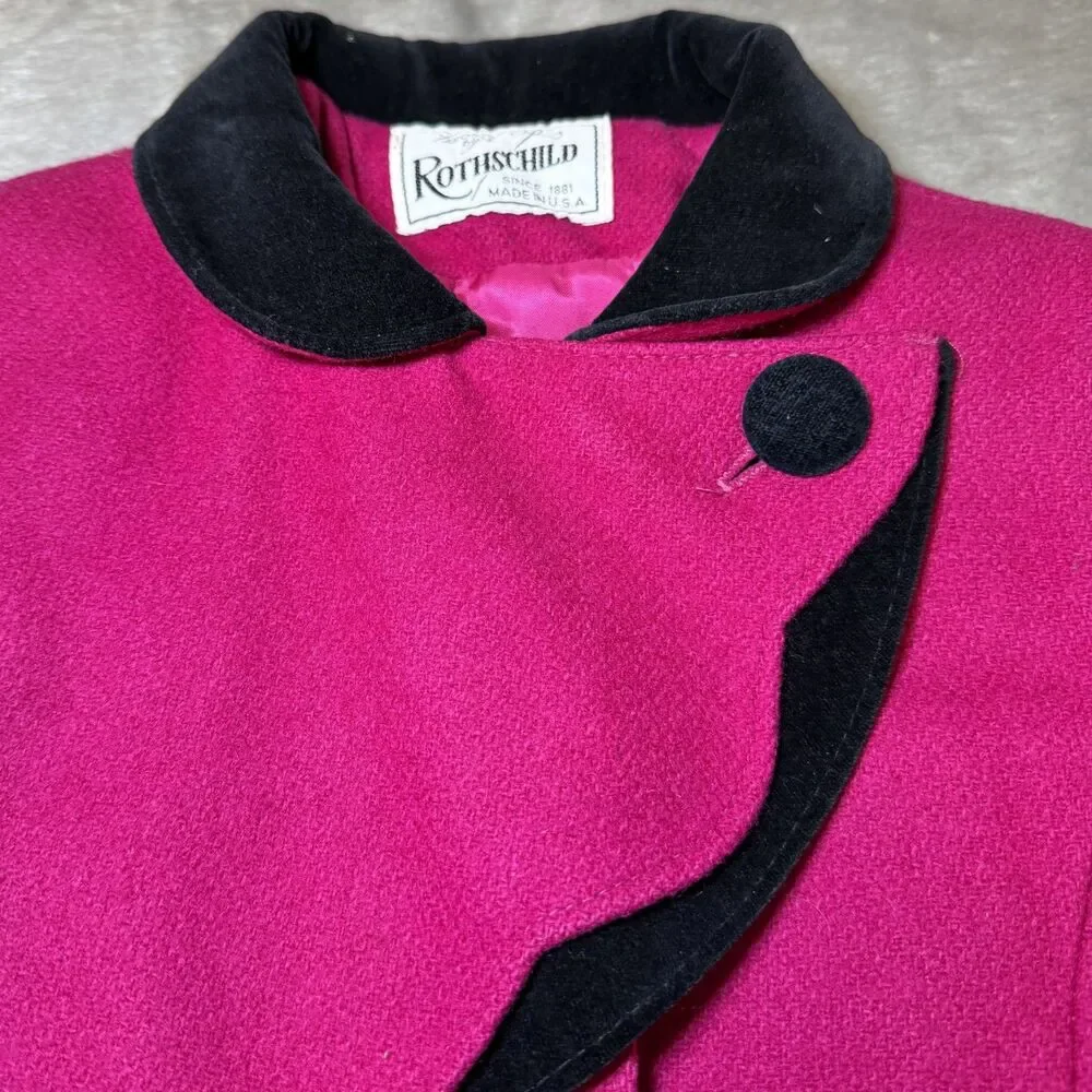 Vintage Rothschild Girls Size 7 Pink Wool Blend Dress Coat Black Velvet Made USA